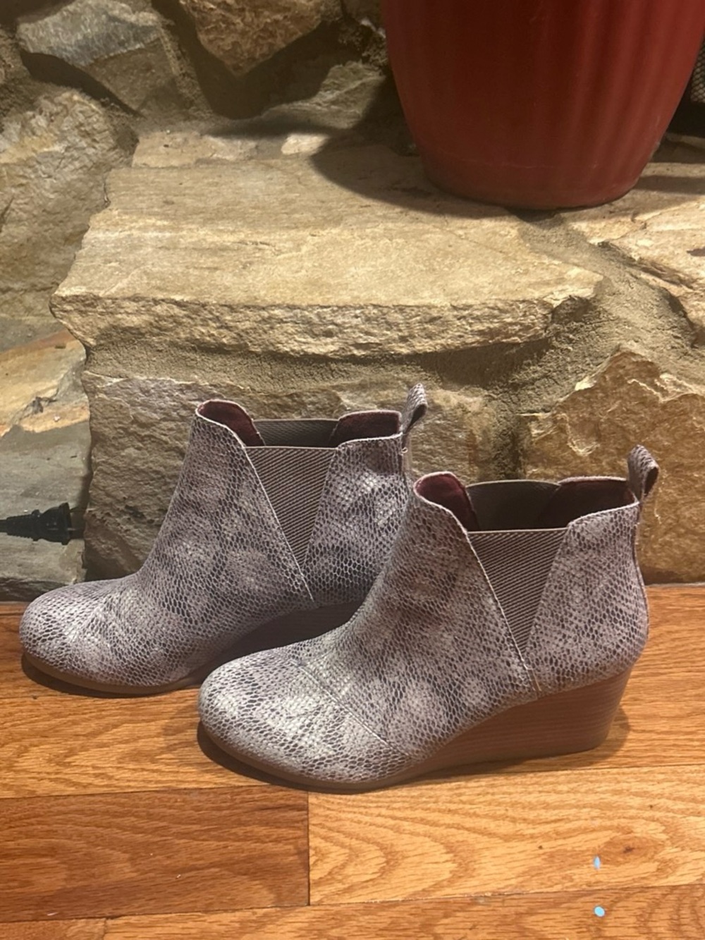 Toms Gray Snake-Print Wedge Booties